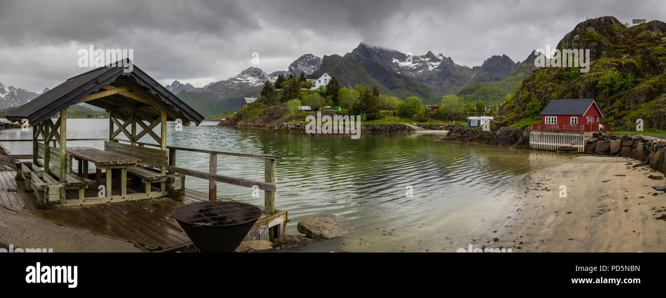 Fish preparation area on the shore of a fjord, Kabelvag, Lofoten Islands, Norway. Stock Photo