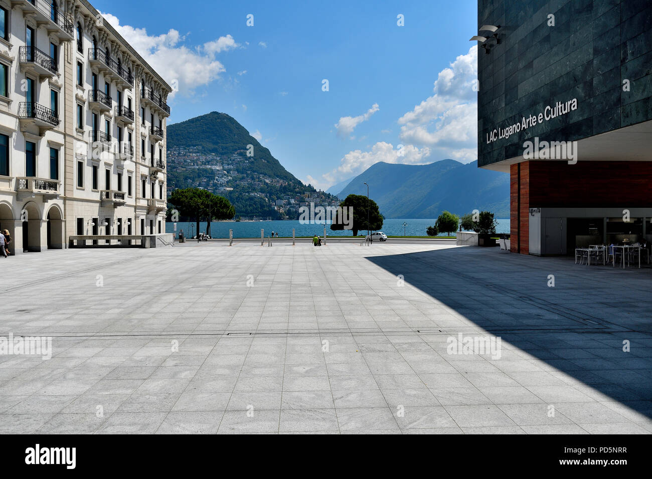 View of Lugano from the cultural center of the Lac - Veduta di Lugano da centro culturale del Lac Stock Photo