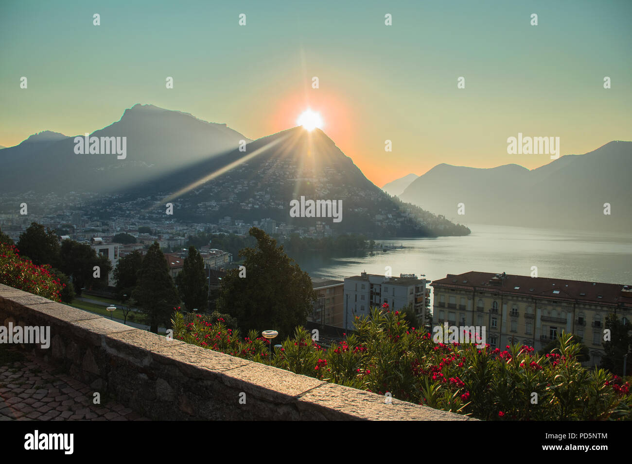 Tower of the Tessino park at dawn (Torre del Parco Tension) - Lugano Stock Photo