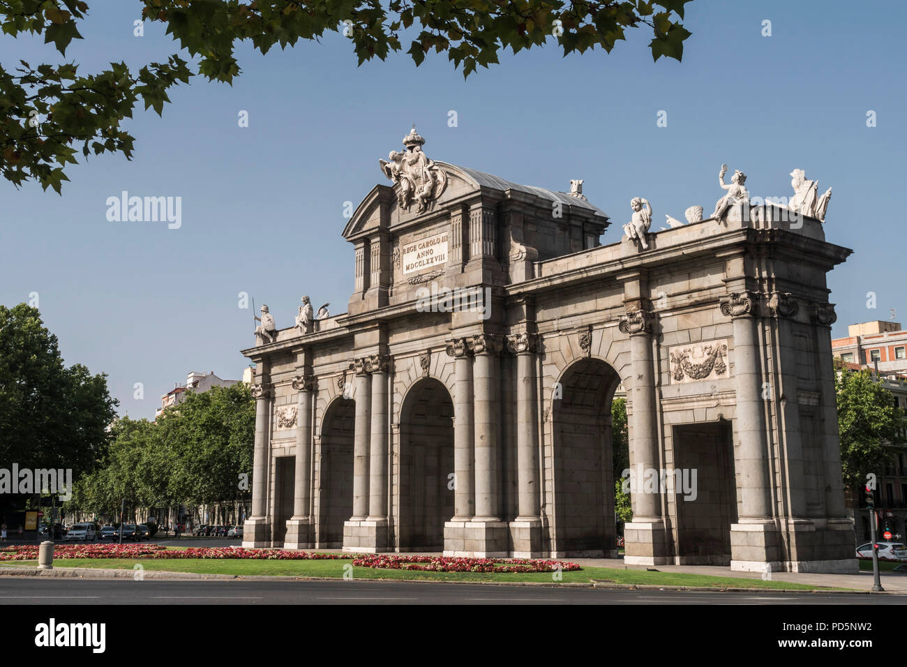 Madrid, Spain - August 4 2018:  Alcala Gate or Puerta de Alcala is a monument in the Plaza de la Independencia in Madrid, Spain Stock Photo