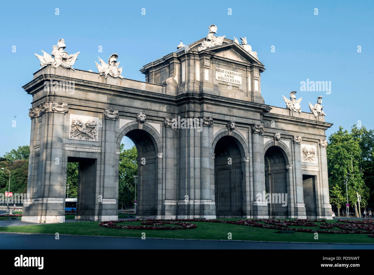 Madrid, Spain - August 4 2018:  Alcala Gate or Puerta de Alcala is a monument in the Plaza de la Independencia in Madrid, Spain Stock Photo