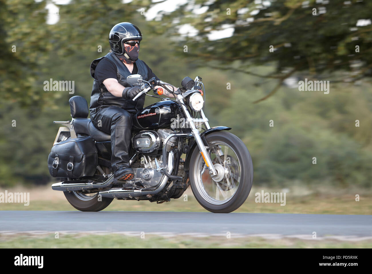 Leather clad biker riding his cruiser custom XL883 Low Harley 