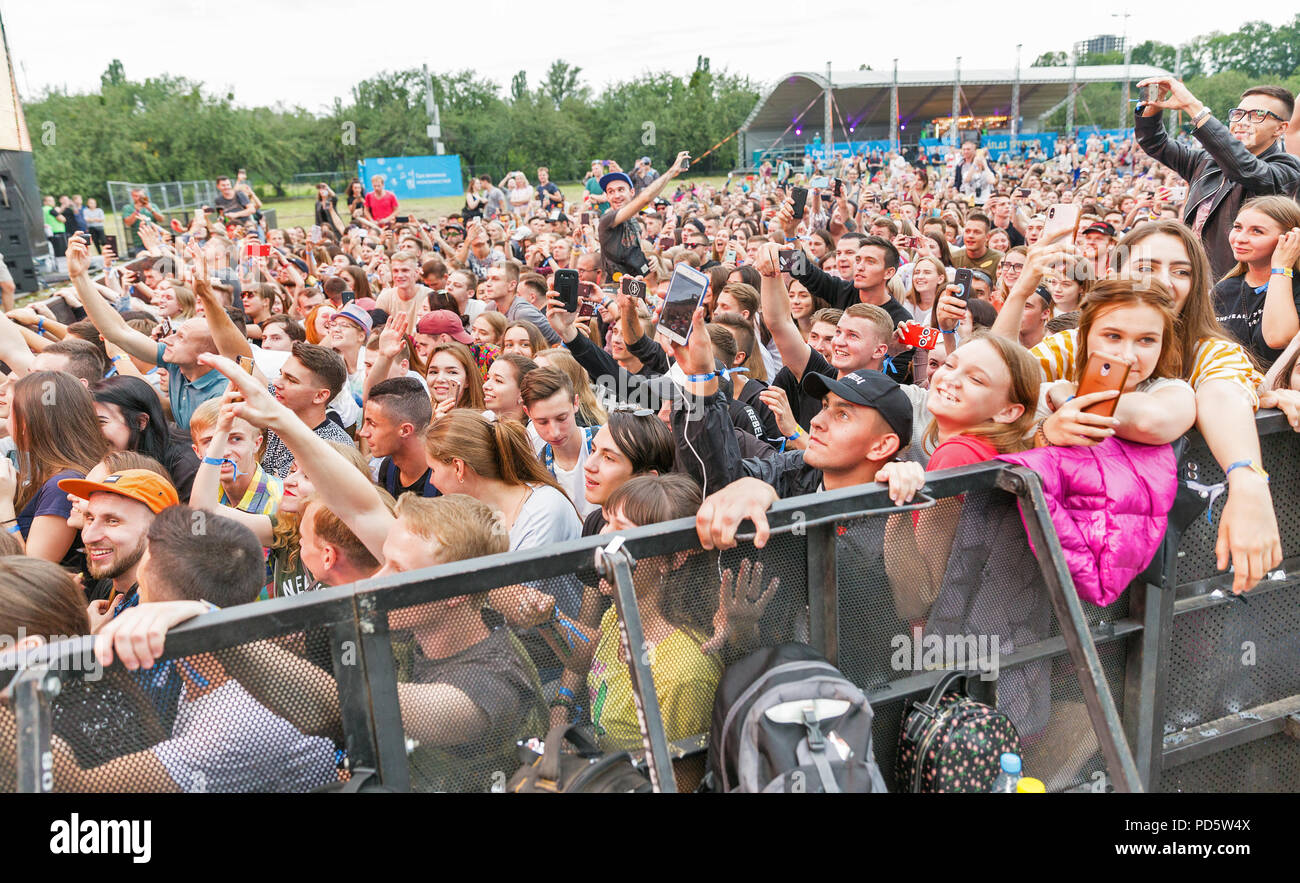 KIEV, UKRAINE - JULY 04, 2018: Fans crowd enjoy Belgian DJ Lost