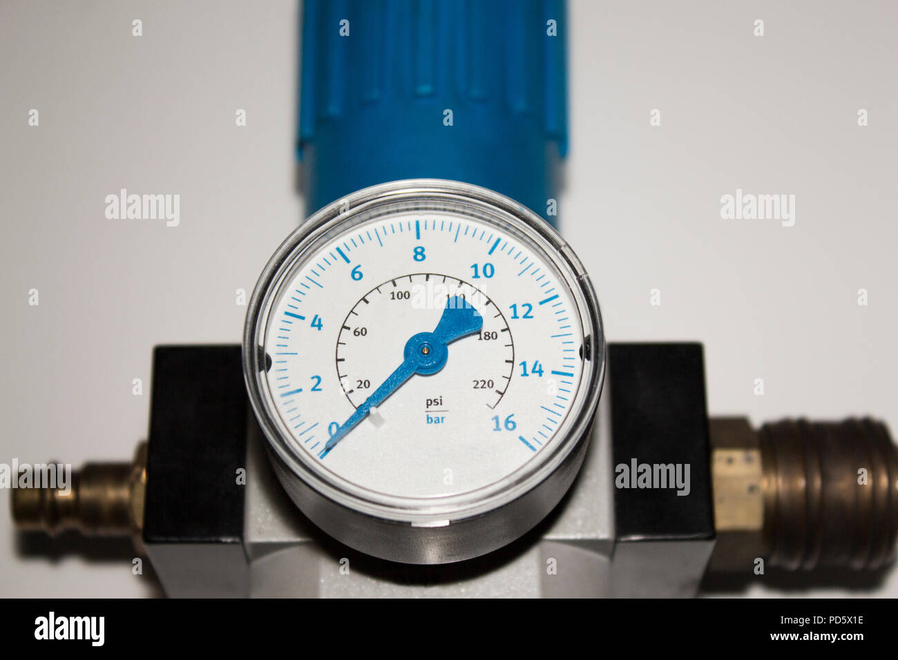 Machine part bar barometer pressure air metering scale with blue arrow in bar device isolated