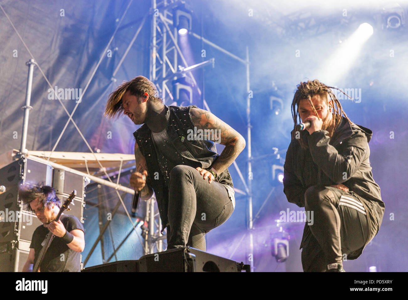 KIEV, UKRAINE - JULY 06, 2018: German metalcore rock band Eskimo Callboy performs live at the Atlas Weekend Festival in National Expocenter. Stock Photo
