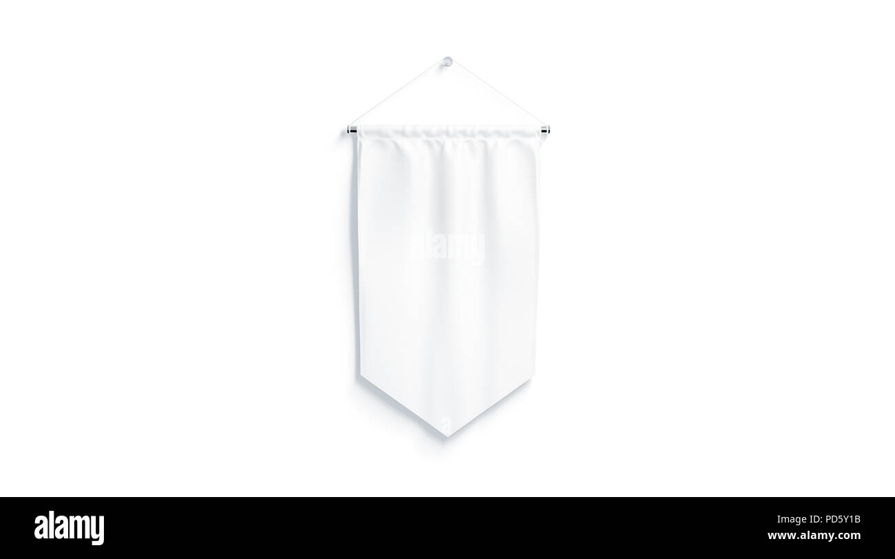 Blank white rhombus pennant mock up, isolated, 3d rendering. Clear penant hanging on wall mockup, front view. Empty flag template Stock Photo