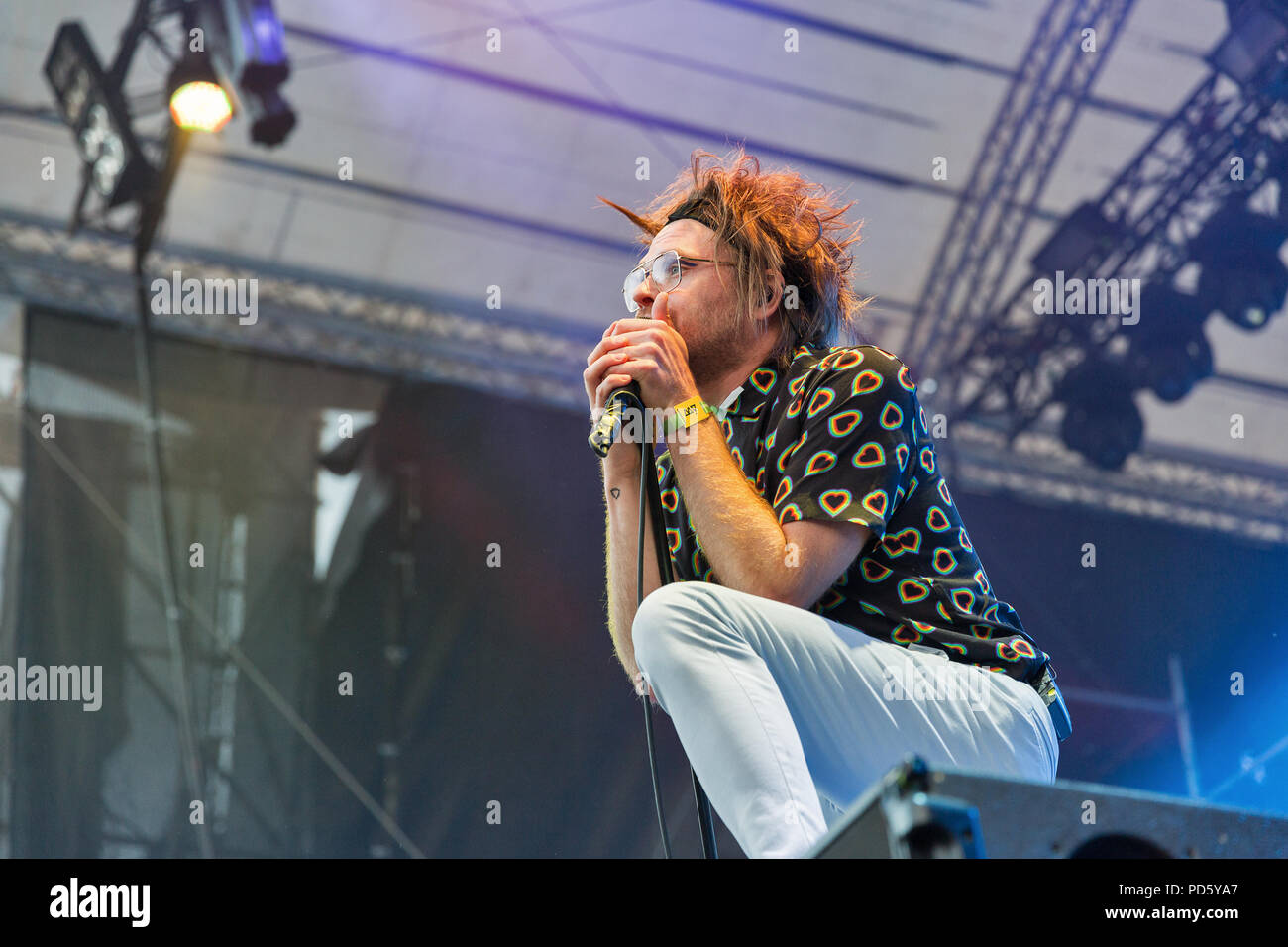 KIEV, UKRAINE - JULY 08, 2018: Enter Shikari, a British alternative post hardcore rock band and Rou Reynolds, lead singer and frontman performs live a Stock Photo