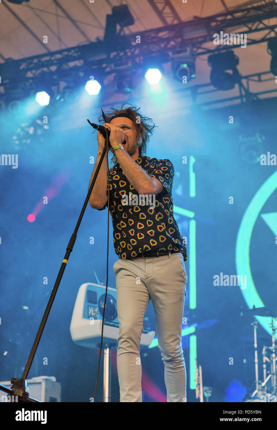 KIEV, UKRAINE - JULY 08, 2018: Enter Shikari, a British alternative post hardcore rock band and Rou Reynolds, lead singer and frontman performs live a Stock Photo