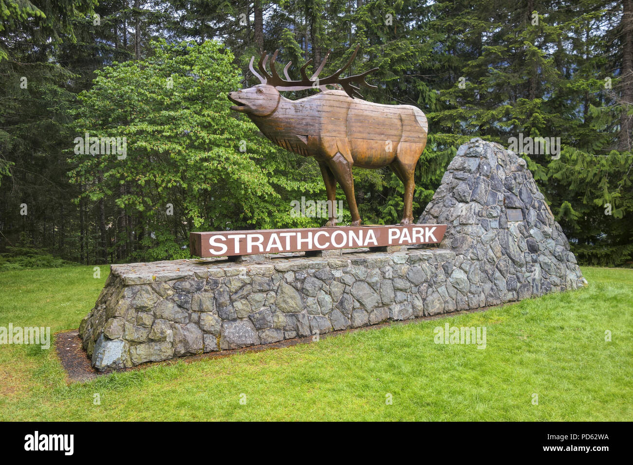 Entrance Table to Strathcona Park on Vancouver Island, oldest and largest provincial park in British Columbia, Canada Stock Photo