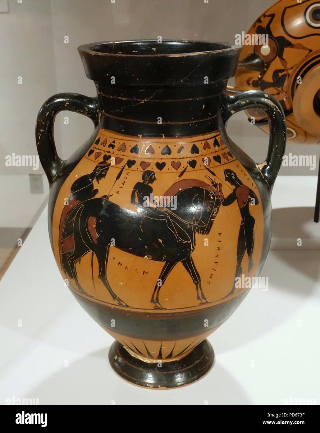 Amphora with equestrian scenes, Pointed Nose Painter, Tyrrhenian group, Greek, Attic, c. 550 BC, black-figure technique - Stock Photo
