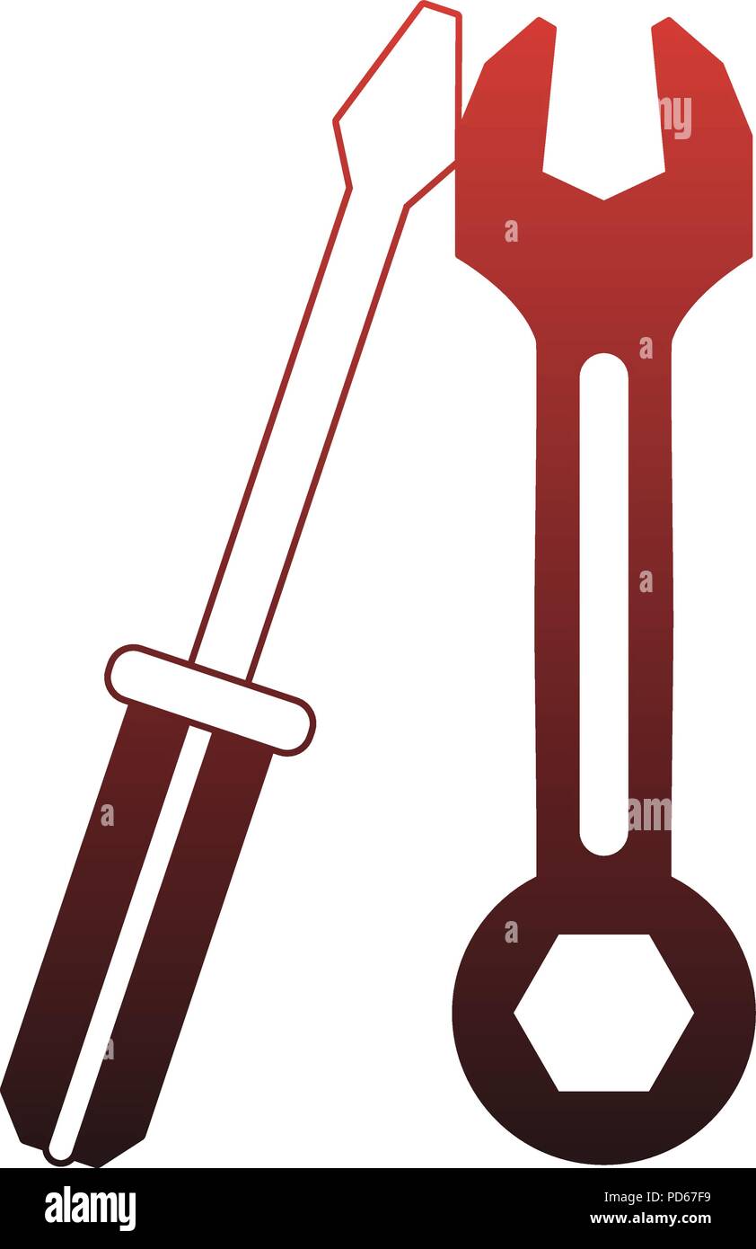 Screwdriver and wrench construction tools red lines Stock Vector Image