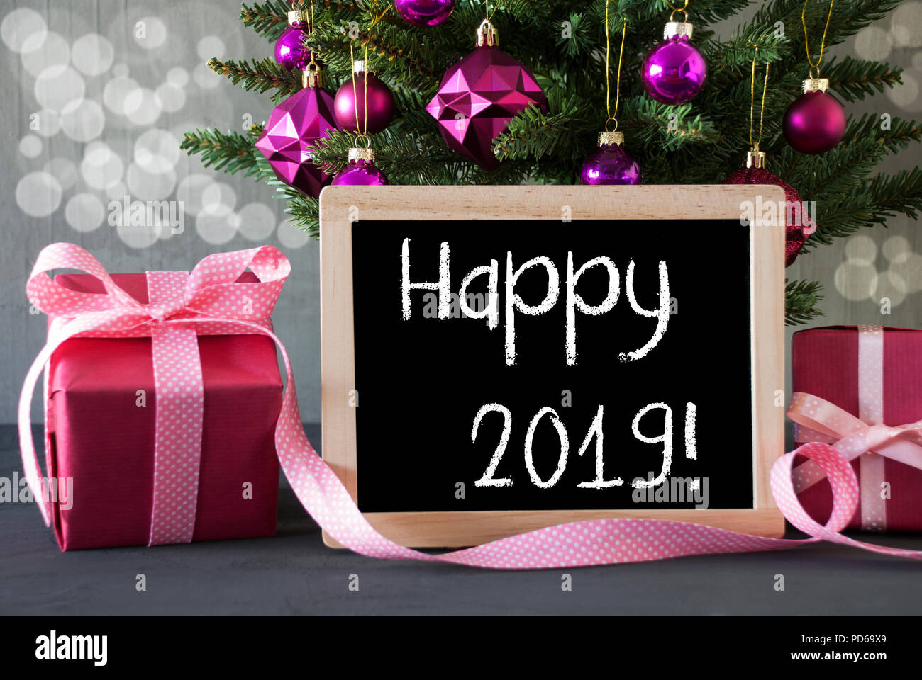 Tree With Gifts, Bokeh, Text Happy 2019 Stock Photo