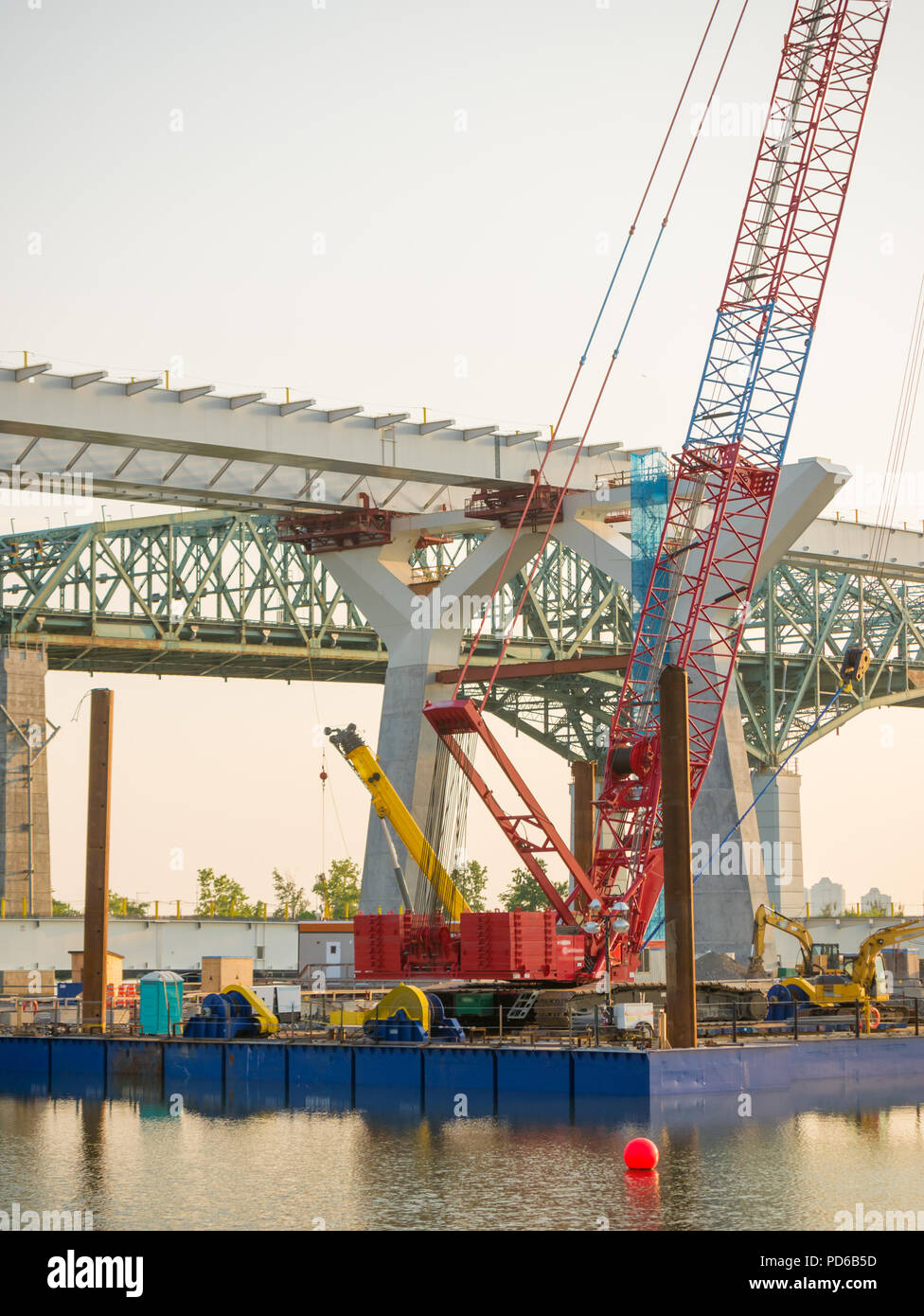 Major bridge construction site at the golden hour, Montreal, quebec, Canada. Stock Photo