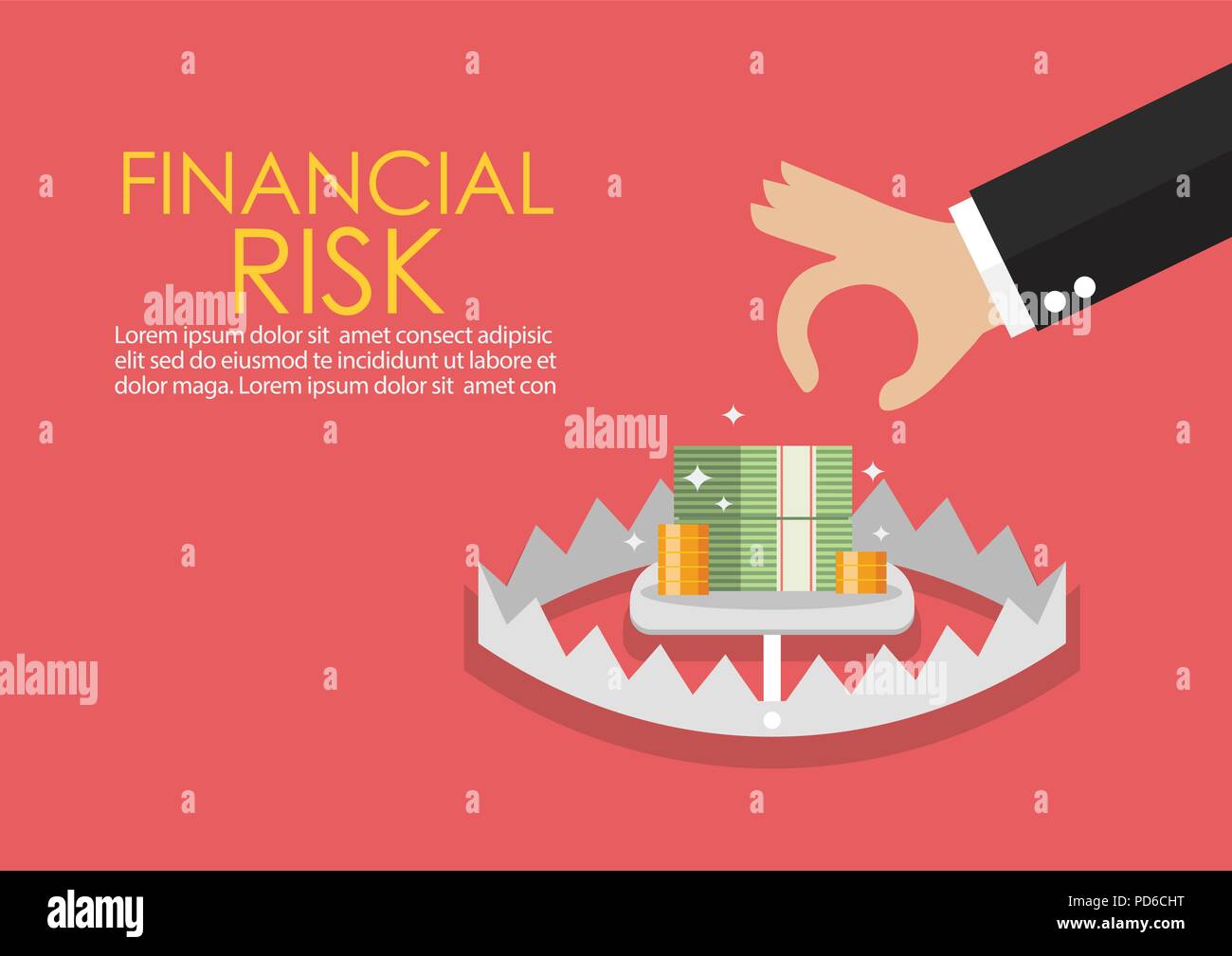 Business hand try to pick up money in the trap. Finance risk concept Vector illustration Stock Vector