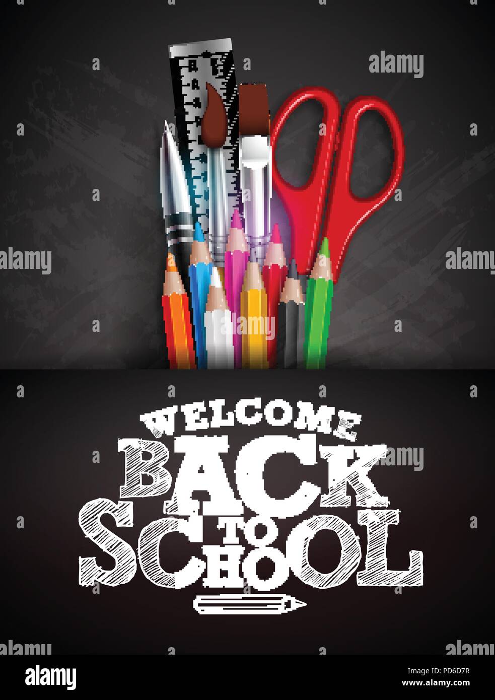 Back to school design with colorful pencil, pen and typography ...