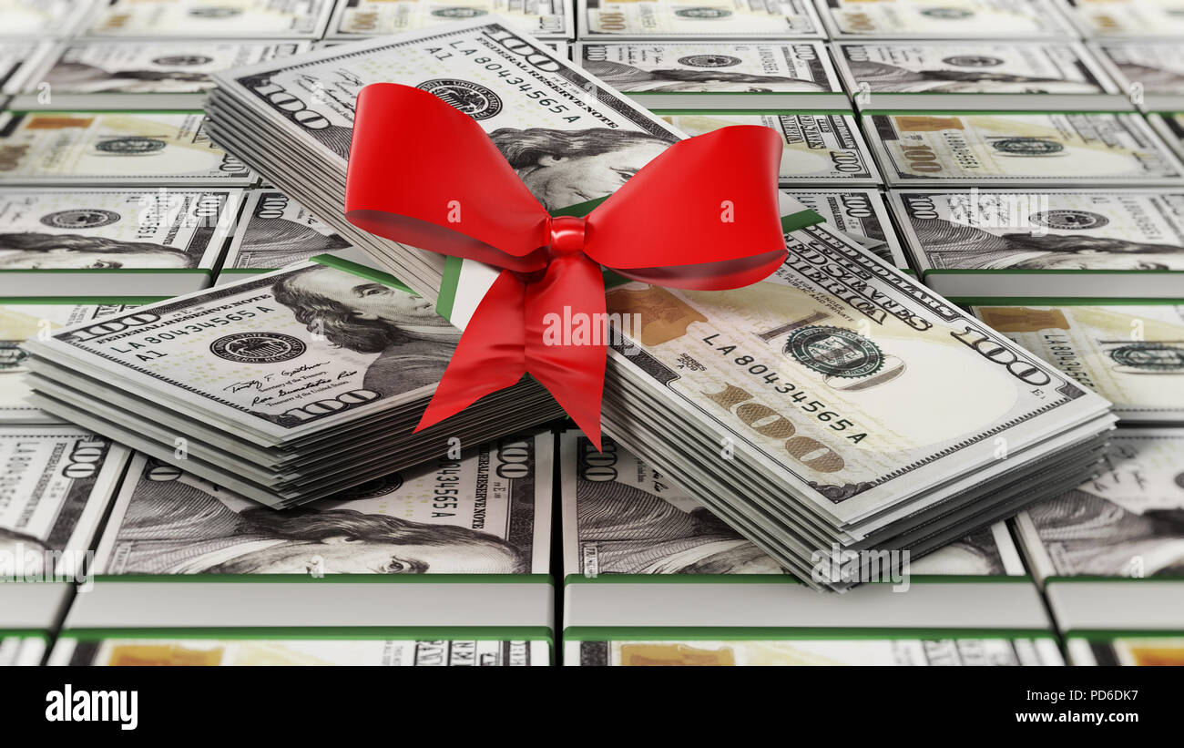 100 dollar money bills with red ribbon. Business and success concept. 3D illustration. Stock Photo