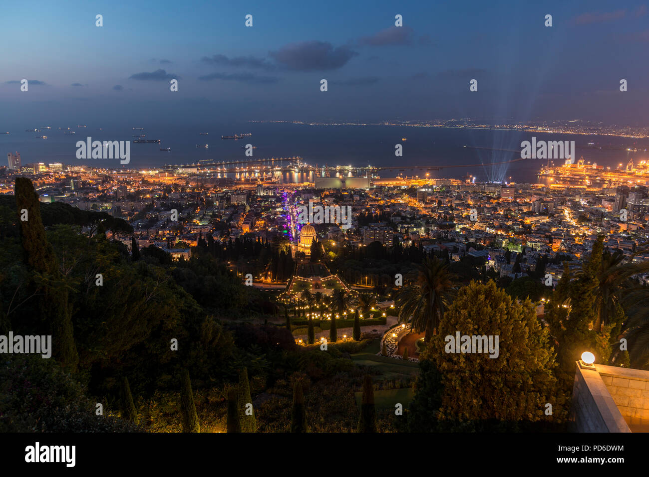 Bahai shrine in Haifa city at night Stock Photo