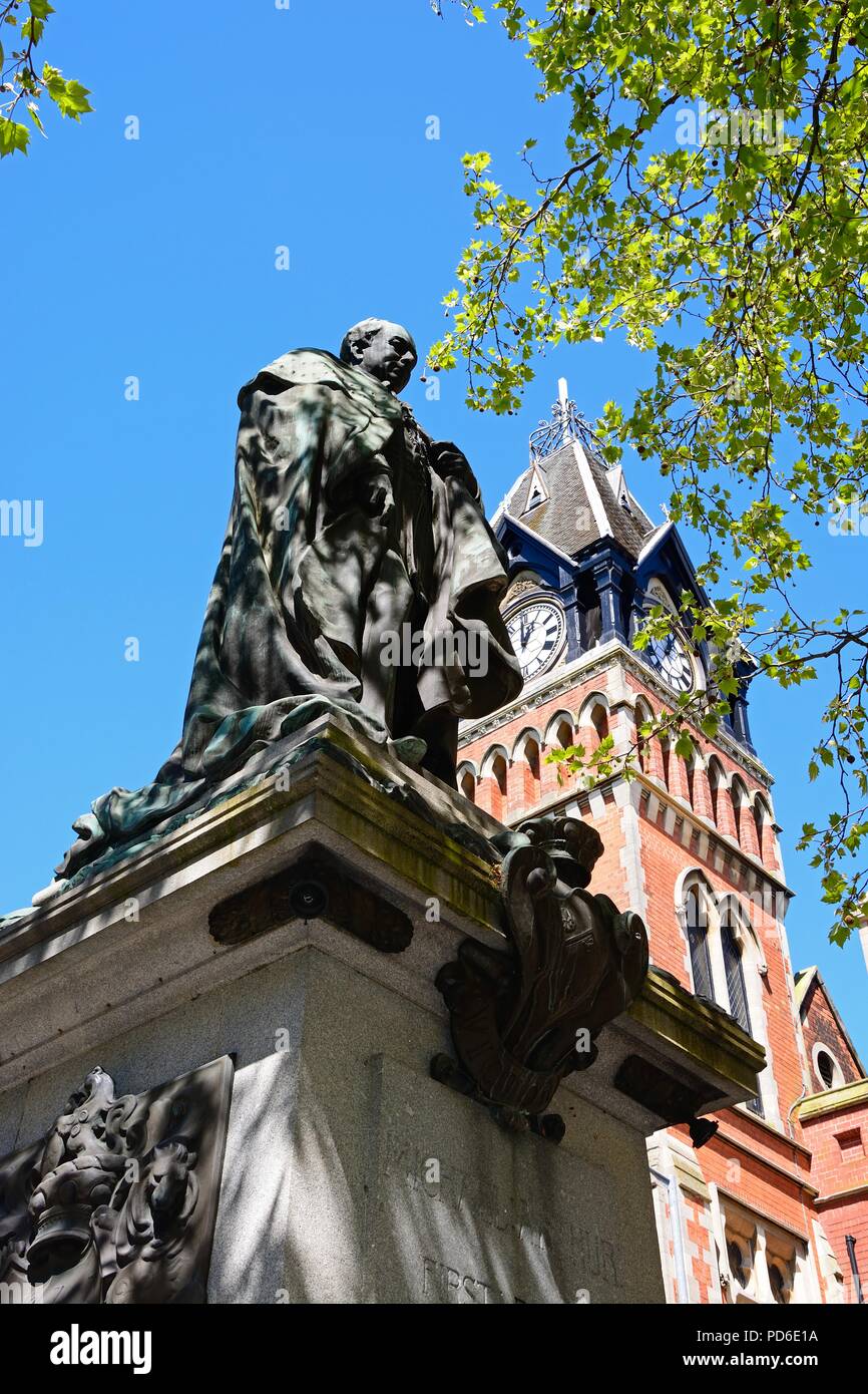 Statue of Michael Arthur (First Baron of Burton) with the Town Hall clock tower to the rear, Burton upon Trent, Staffordshire, England, UK, Western Eu Stock Photo