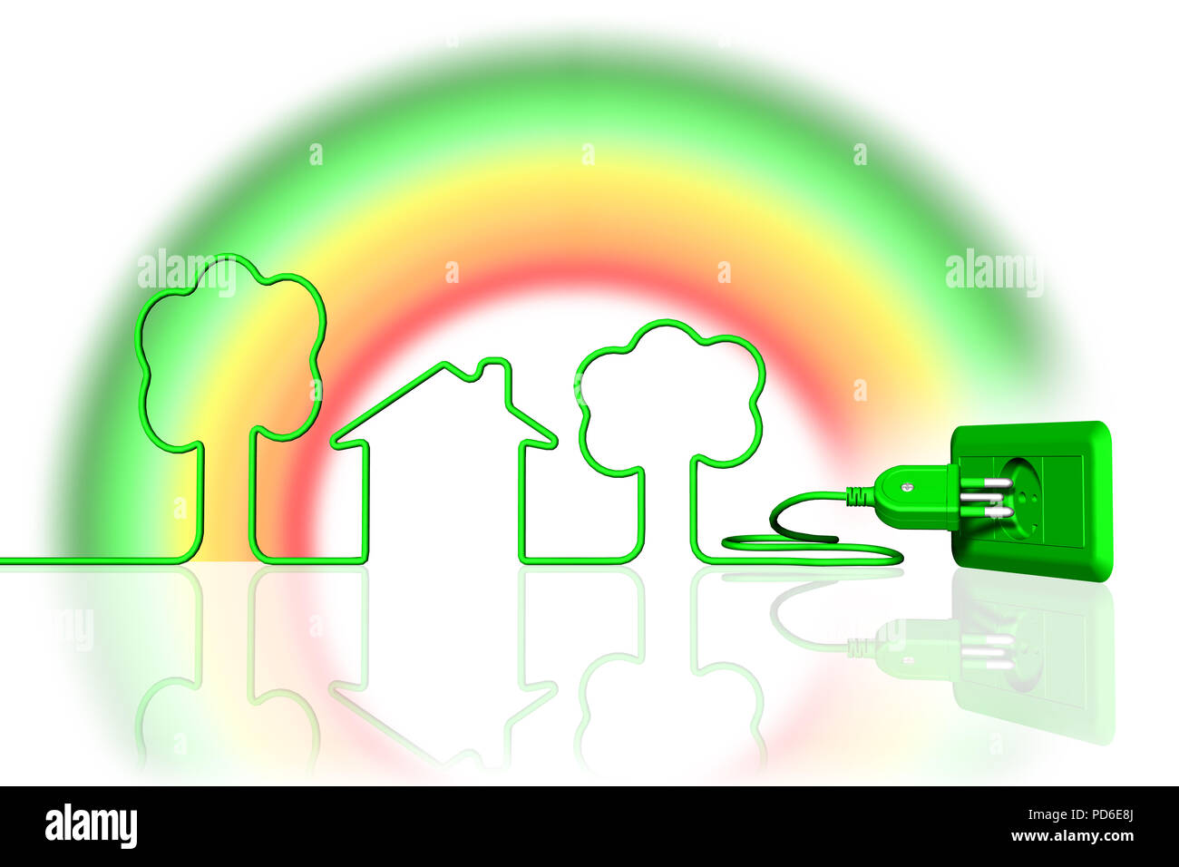 cable and electrical outlet green with rainbow. Ecological energy. Stock Photo