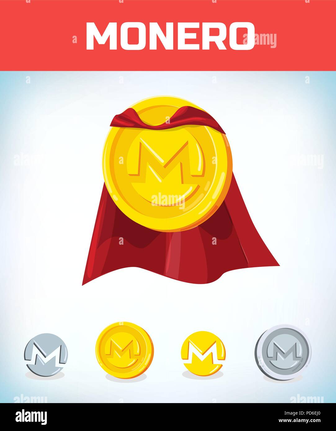 Funny super hero businessman flying monero. Miner bit coin digital currency  cryptocurrency. Orange coin with monero symbol isolated white background.  Virtual money concept. Cartoon Vector illustration flat style design Stock  Vector Image