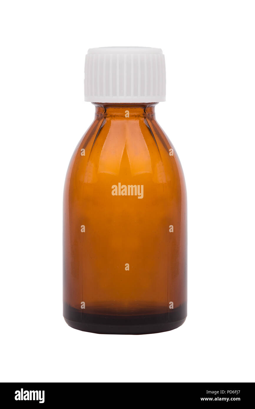 Medicine bottle white background. Single brown bottle with drug Stock