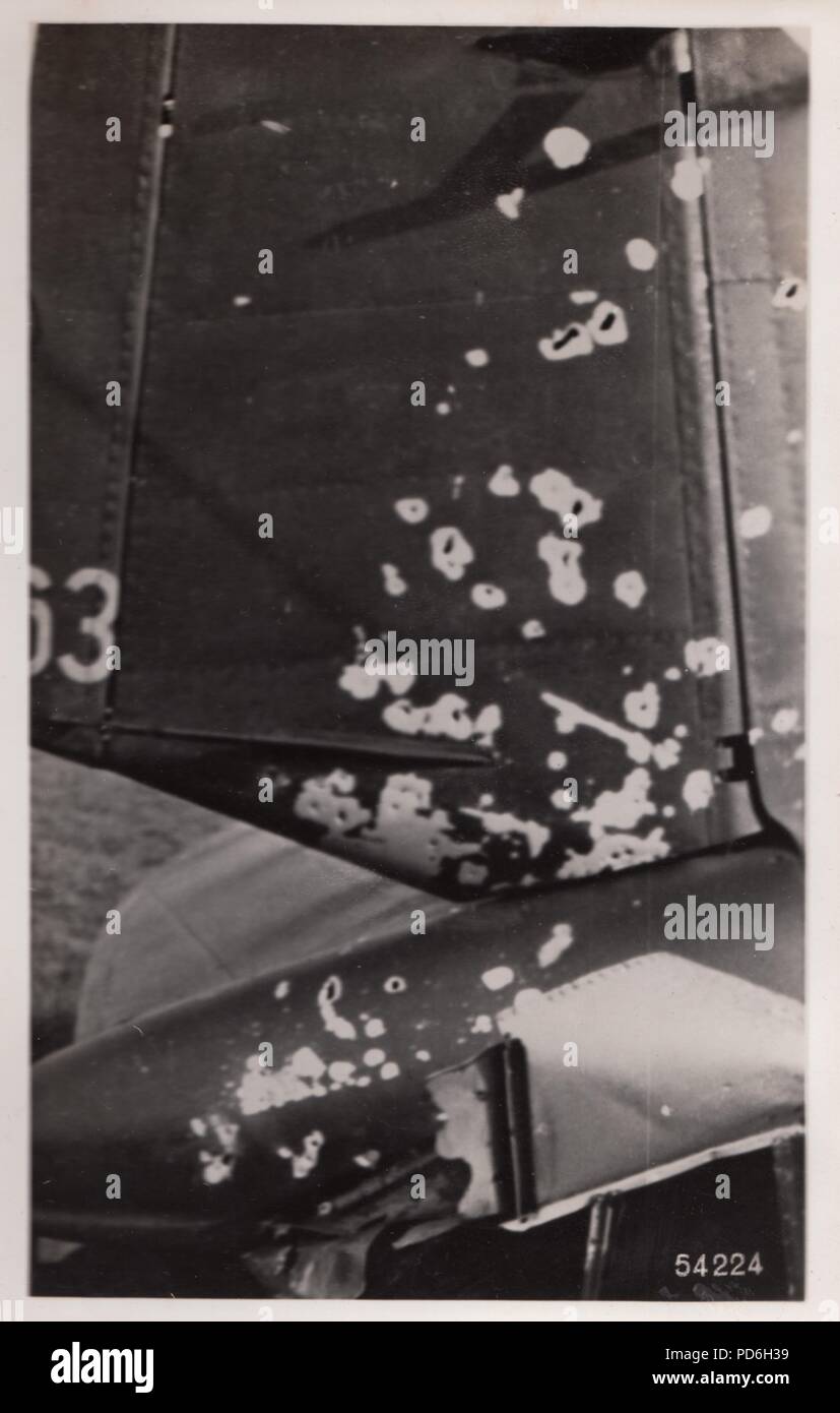 Image from the photo album of Oberleutnant Oscar Müller of  Kampfgeschwader 1: Damage to the tail of a Heinkel He 111 of 5./KG 1, France 1940. Stock Photo