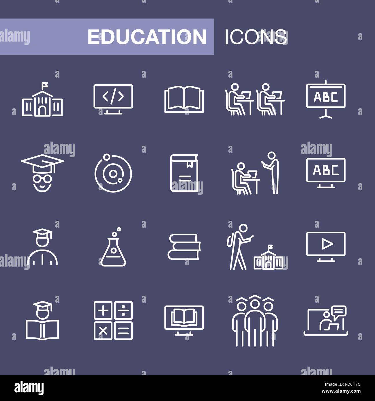 Education icons set simple flat style outline illustration. Stock Vector