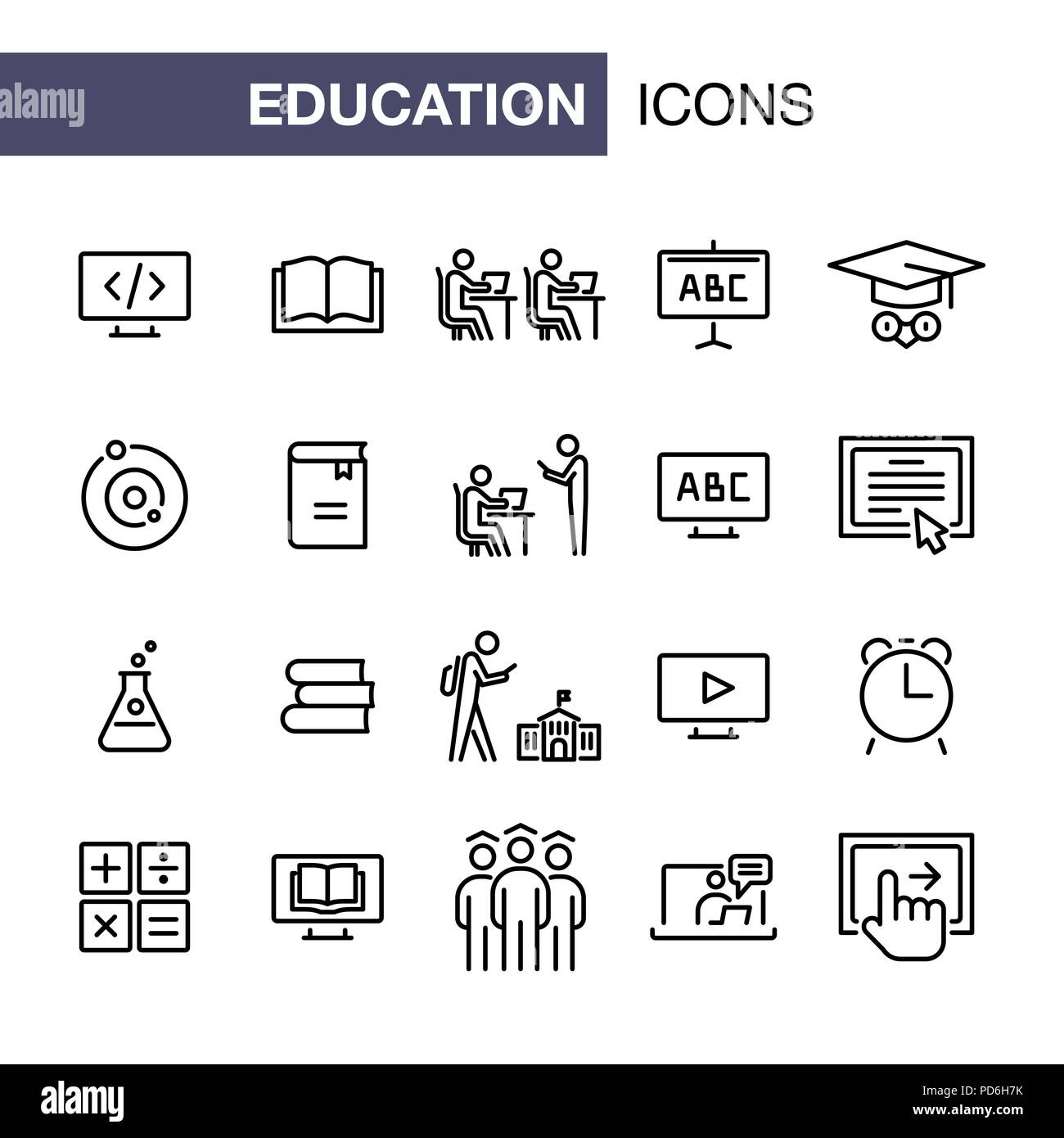 Education icons set simple flat style outline illustration. Stock Vector