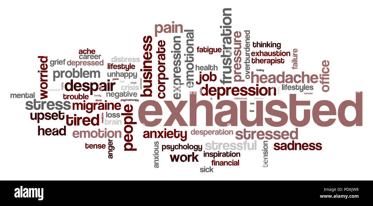 Exhausted word cloud on white background, 3D rendering Stock Photo
