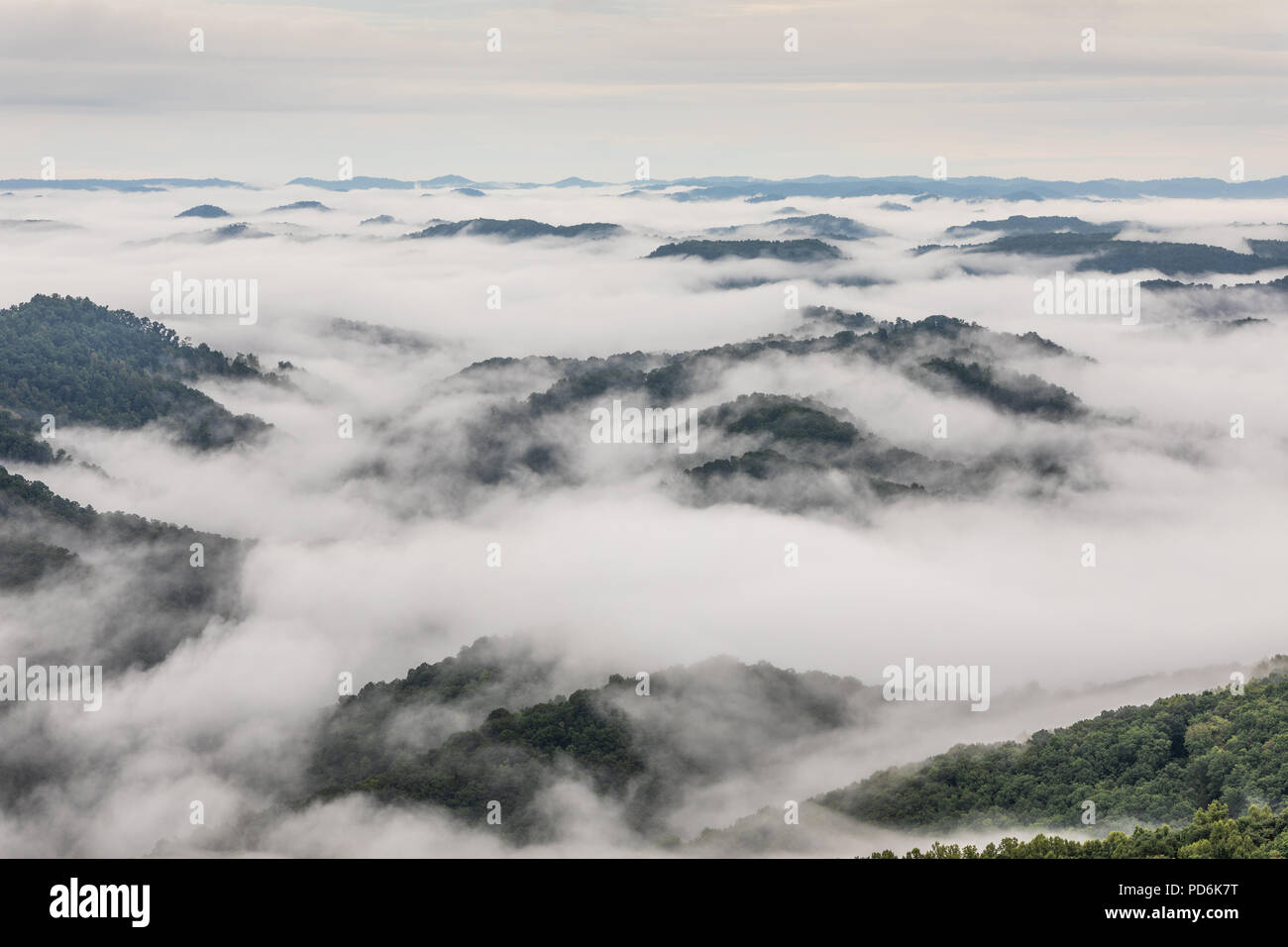 Fog covers valleys in southeastern Kentucky at Kingdom Come State Park in Cumberland, Harlan County. Stock Photo