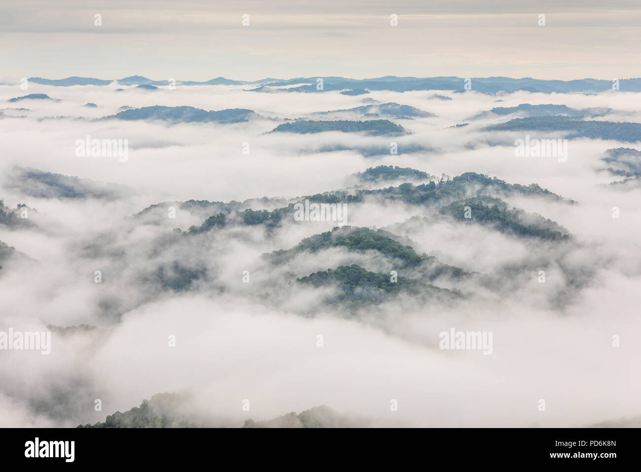 Fog covers valleys in southeastern Kentucky at Kingdom Come State Park in Cumberland, Harlan County. Stock Photo
