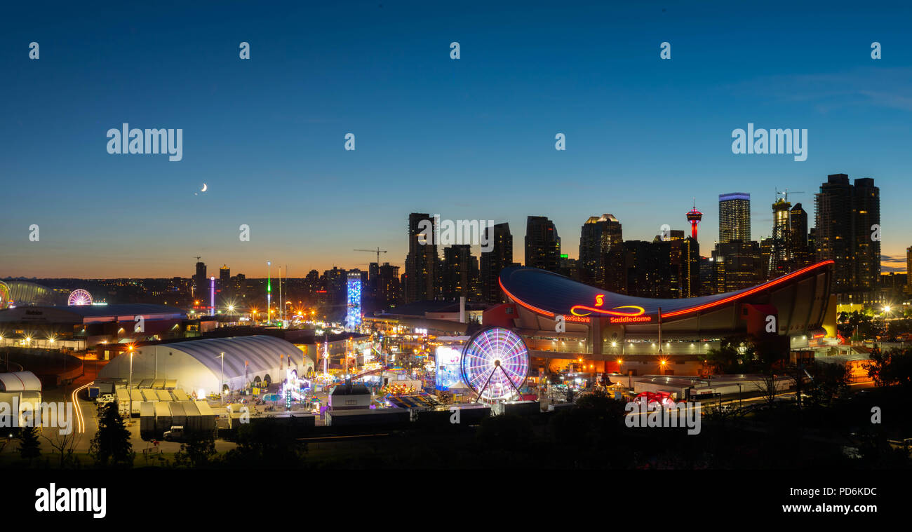 Calgary, Alberta. July 16, 2018. A view of the Stampede Grounds and the downtown core of Calgary on the final night of the Calgary Stampede Stock Photo