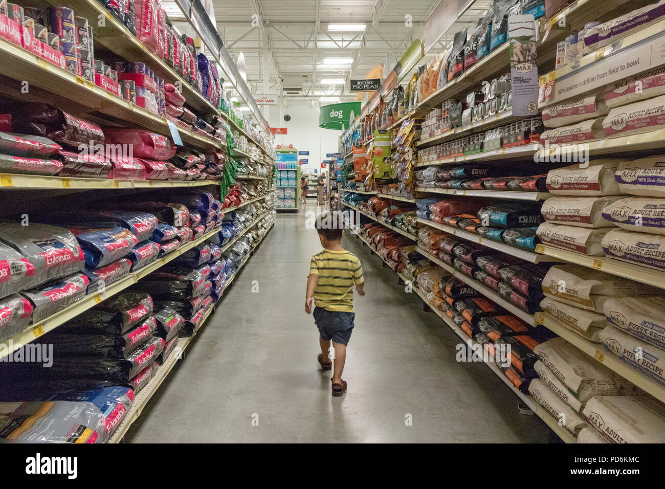 toddler walking down dog food aisle, PetSmart pet store, Kennewick, Washington, USA Stock Photo