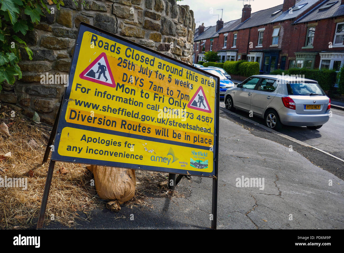 Sign for road closures, resurfacing, Amey, Street scene, Sheffield, South Yorkshire, England, UK Stock Photo