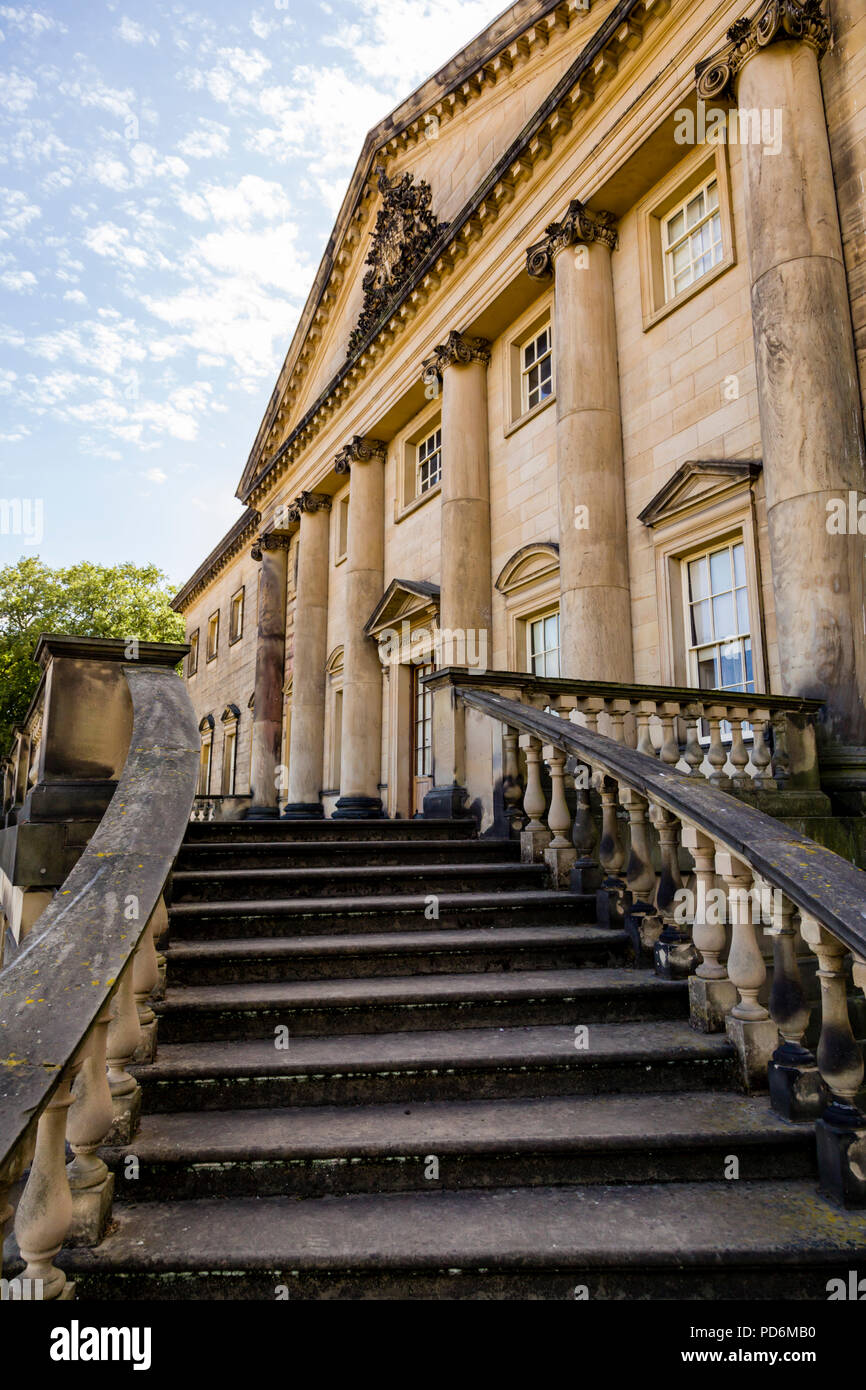 A grand staircase leading to the balcony in front of Nostell Priory, a