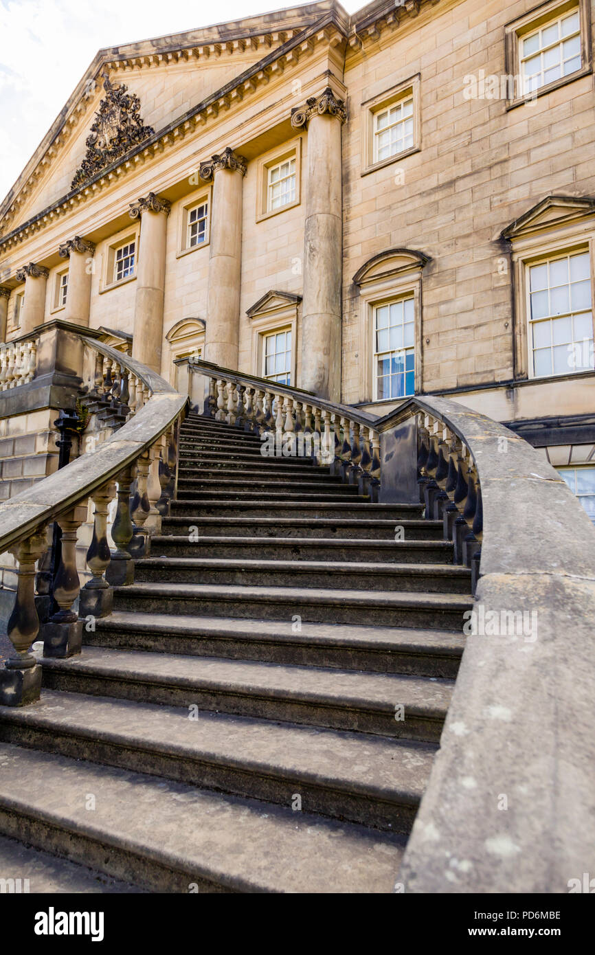 A grand staircase leading to the balcony in front of Nostell Priory, a