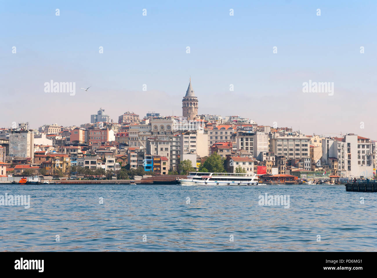 Istanbul city skyline in Turkey, Beyoglu district old houses with Galata tower on top, view from the Golden Horn. Stock Photo