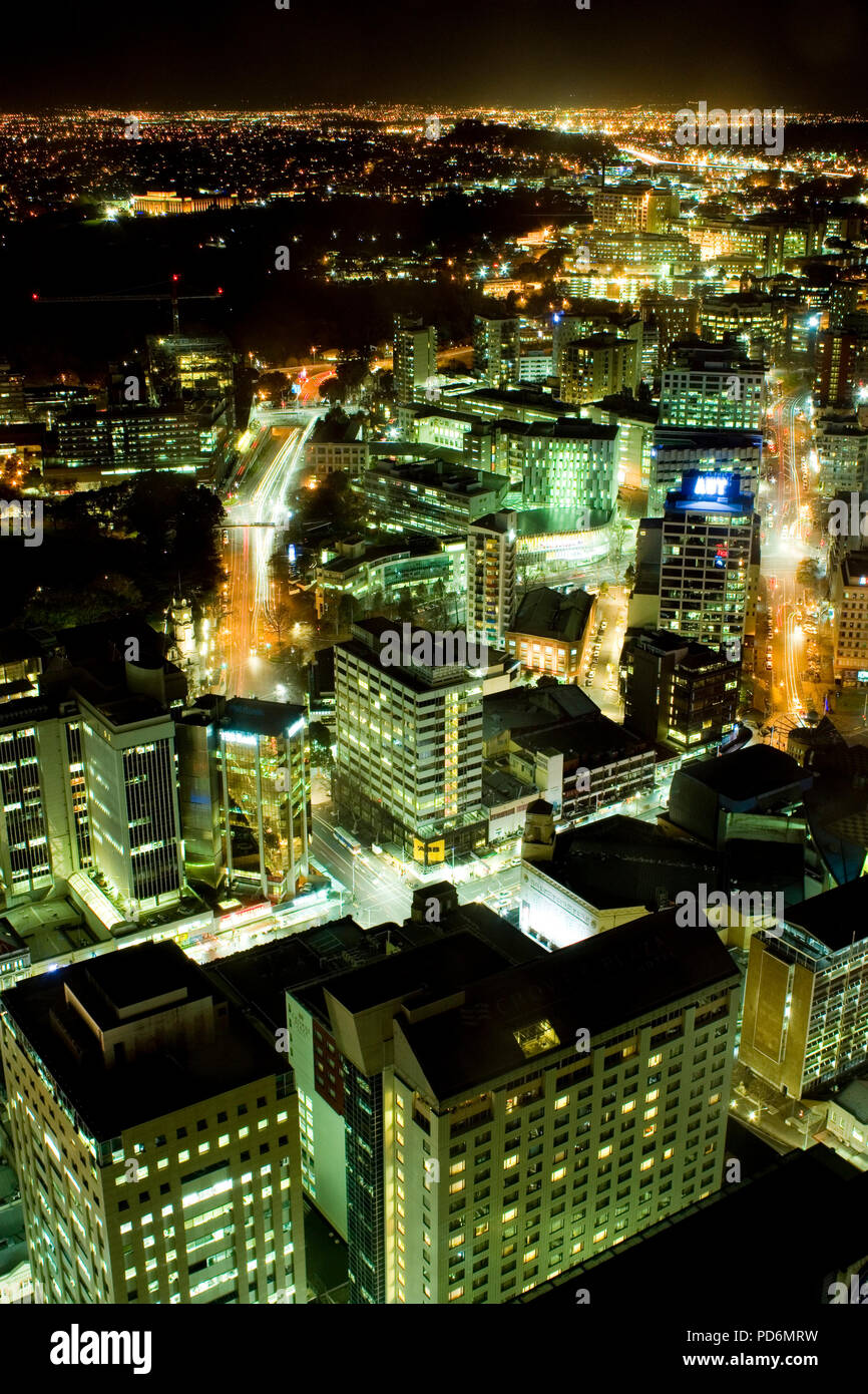 Vie over Auckland from the skytower at night showing all the street lights and office buildings n the busiest spot of New Zealand Stock Photo