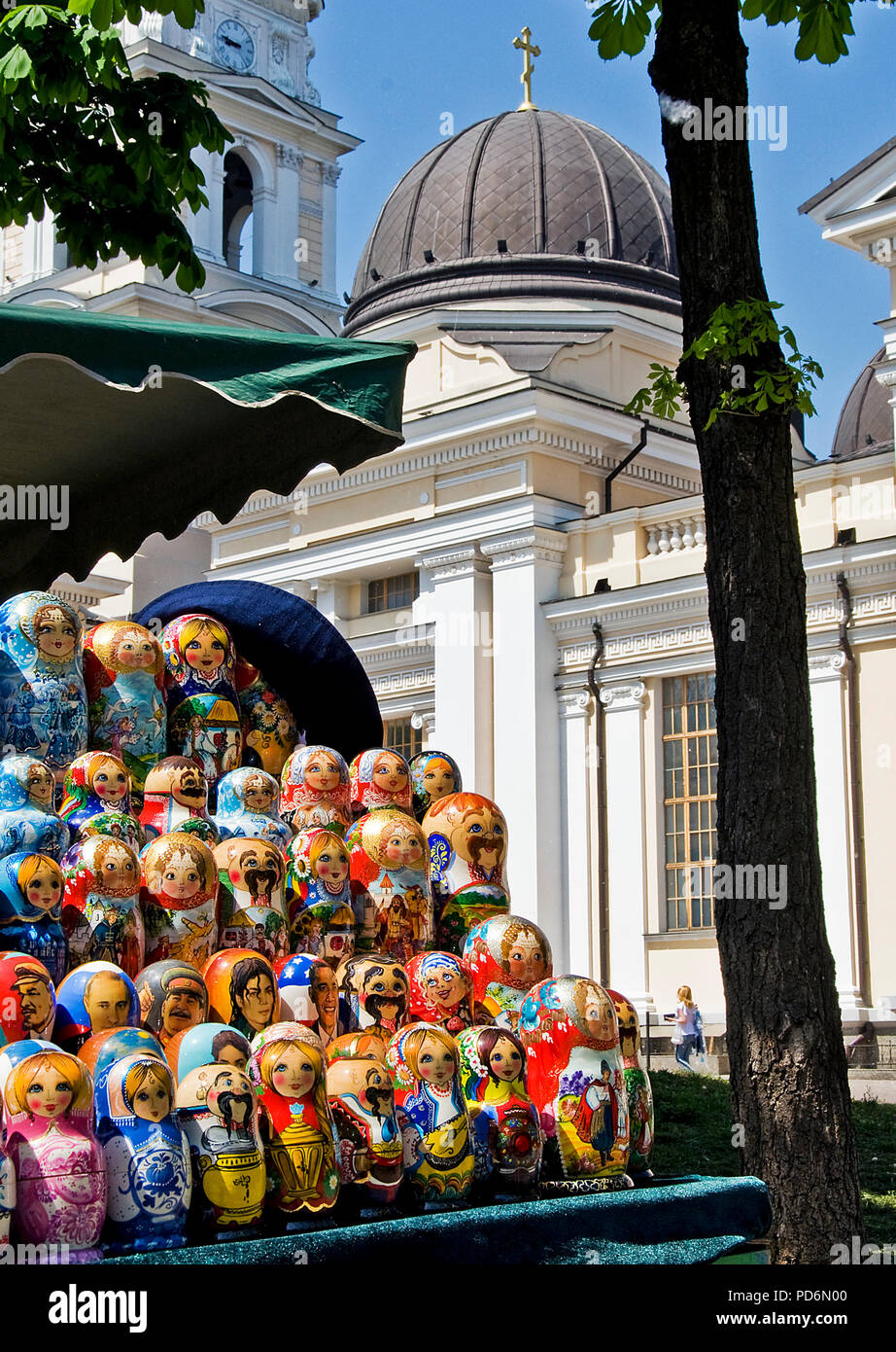 Russian dolls for sale outside the Transfiguration Cathedral in Odessa . Stock Photo