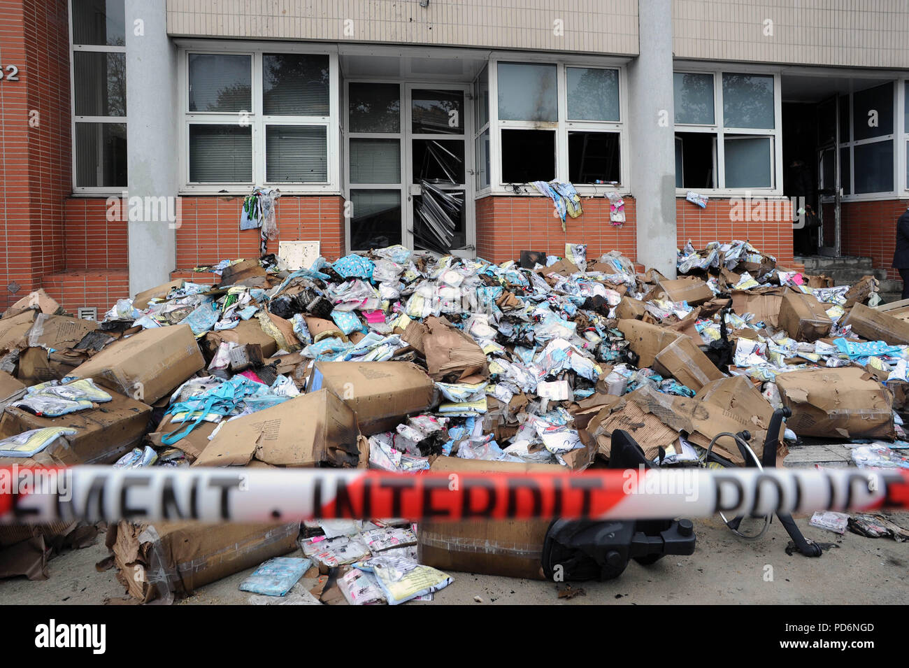 November 2, 2011 - Paris, France: Office of French satirical weekly paper Charlie Hebdo after an overnight petrol bomb attack. The paper was targeted after publishing a caricature of prophet Muhammad on its front cover for a special issue entitled 'Shariah Hebdo'. Les locaux de Charlie Hebdo apres qu'une attaque au cocktail molotov a declenche un incendie et detruit les locaux boulevard Davout de l'hebdomadaire satirique. Cette attaque fait suite a l'annonce par Charlie Hebdo de la sortie d'un numero special 'Charia Hebdo' avec des caricatures du prophete Mahomet. *** FRANCE OUT / NO SALES TO  Stock Photo