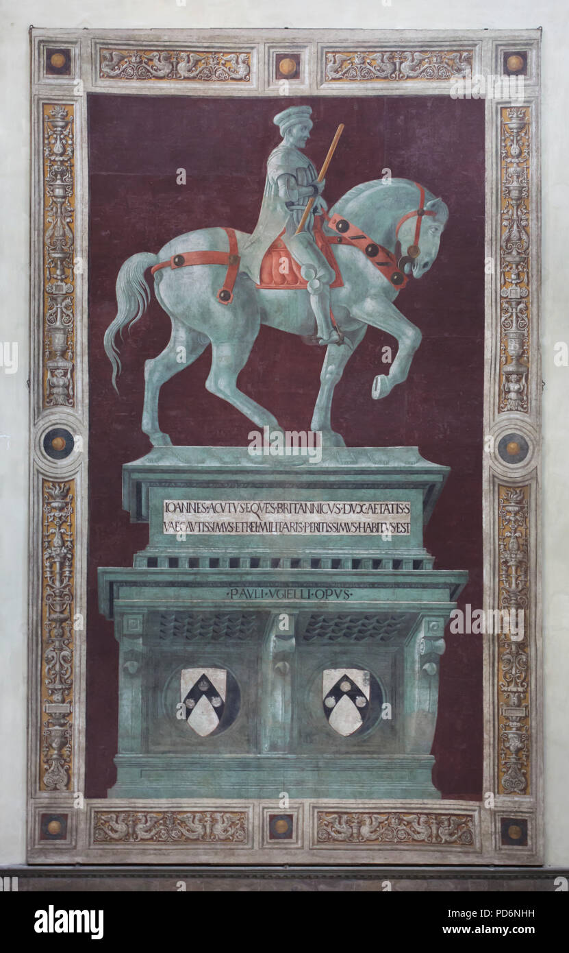 Equestrian Monument to Sir John Hawkwood depicted in the fresco by the Italian Renaissance painter Paolo Uccello (1436) in the Florence Cathedral (Duomo di Firenze) in Florence, Tuscany, Italy. Stock Photo