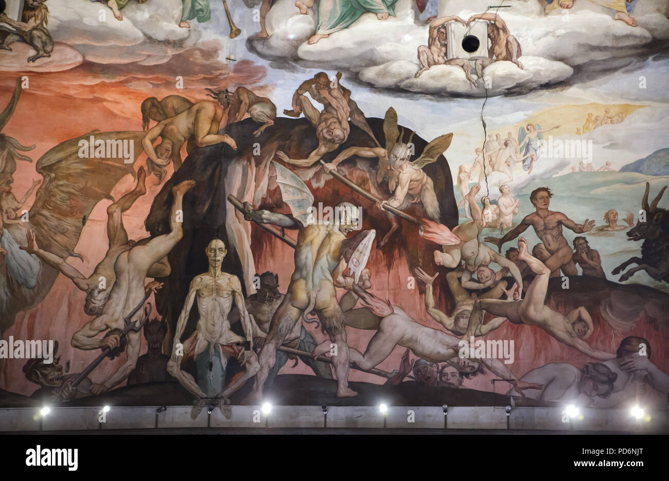 Last Judgment depicted in the fresco by Italian Renaissance painter Giorgio Vasari in the dome of the Florence Cathedral (Duomo di Firenze) in Florence, Tuscany, Italy. The fall of the damned into Hell is depicted in the detail. Stock Photo