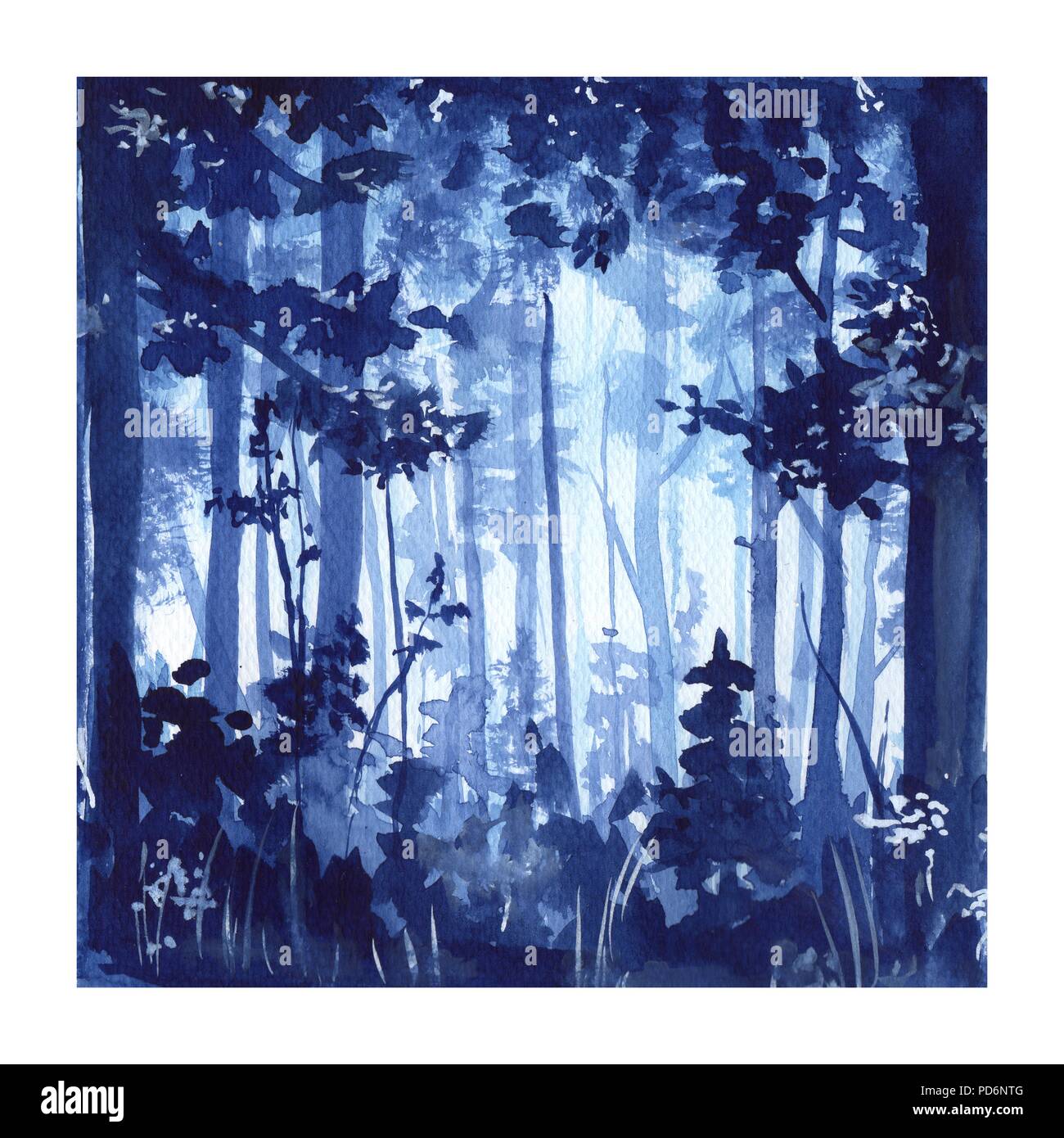 Forest Watercolor Painting Blue Illustration Stock Photo Alamy