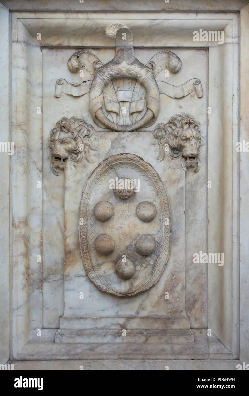 Coat of arms of the House of Medici depicted on the base of the Monument to Giovanni delle Bande Nere (Lodovico de' Medici) by Italian Renaissance sculptor Bartolommeo Bandinelli (1540) in Piazza San Lorenzo in Florence, Tuscany, Italy. Stock Photo