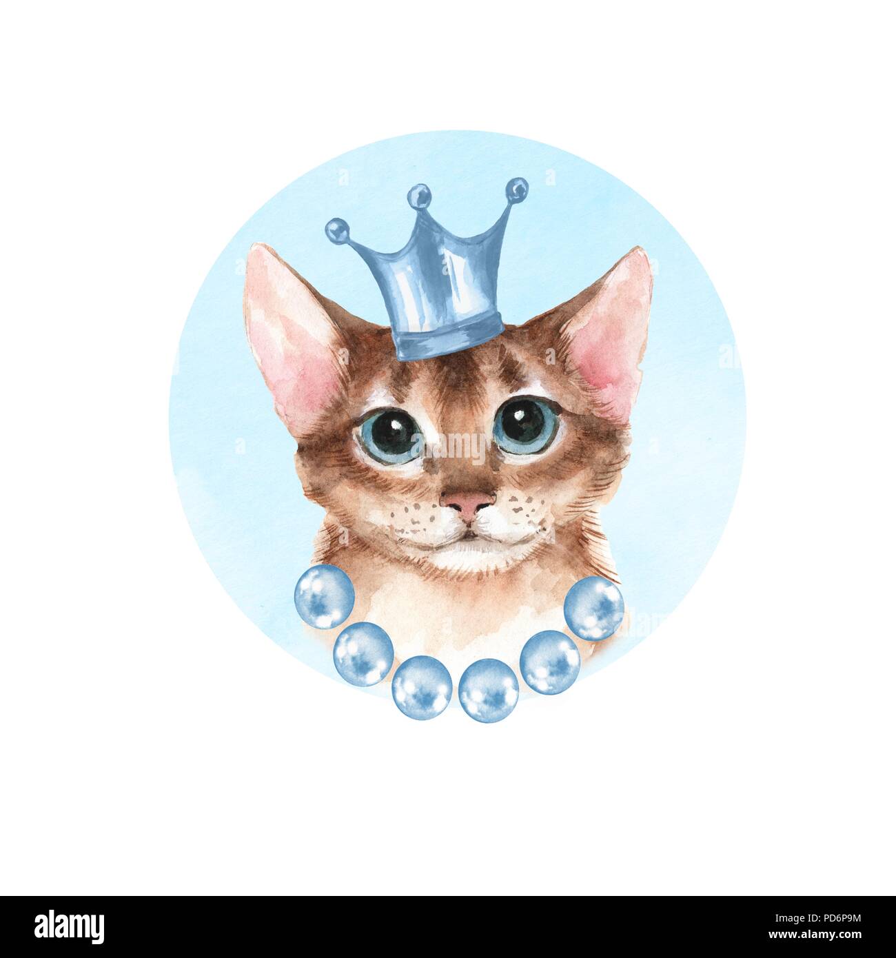 Cat in crown. Watercolor illustration Stock Photo