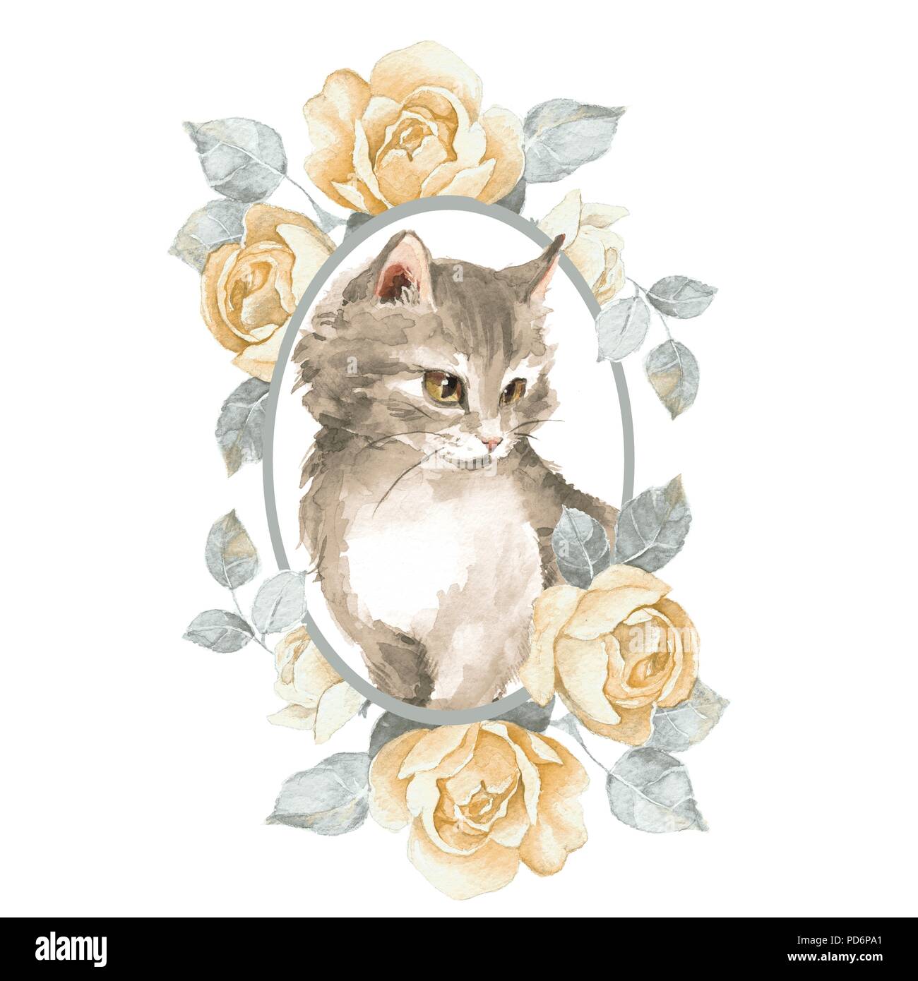Cat. Cute kitten and roses. Watercolor illustration Stock Photo