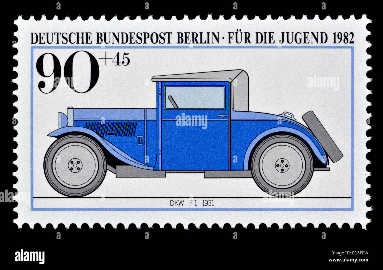 German postage stamp (Berlin: 1982) : DKW F1 (1931) small car produced by DKW between 1931 and 1932,  launched at the Berlin Motor Show in February 19 Stock Photo