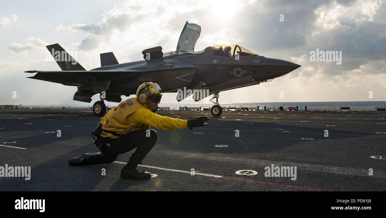 An F-35B launches off the flight deck of USS Wasp (LHD 1). (40712820061). Stock Photo