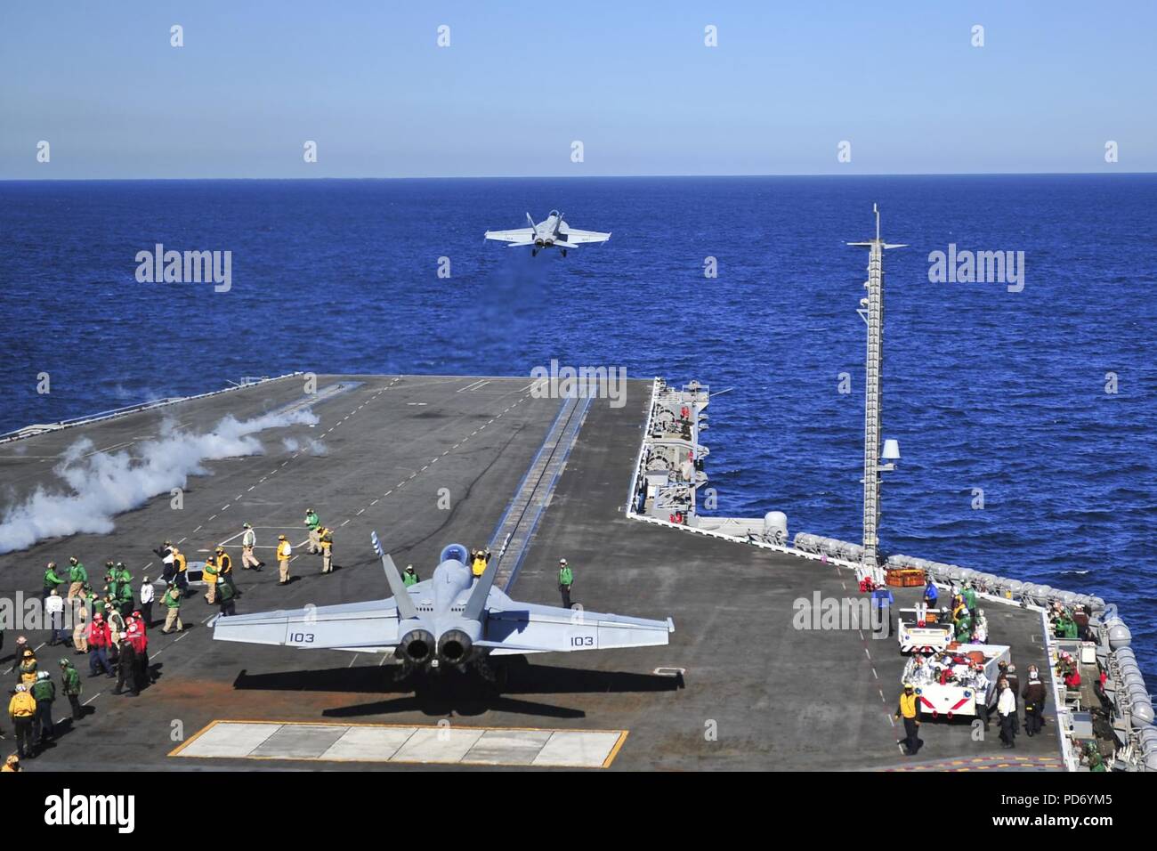 An F-A-18F launches from USS Carl Vinson. (8471305768). Stock Photo