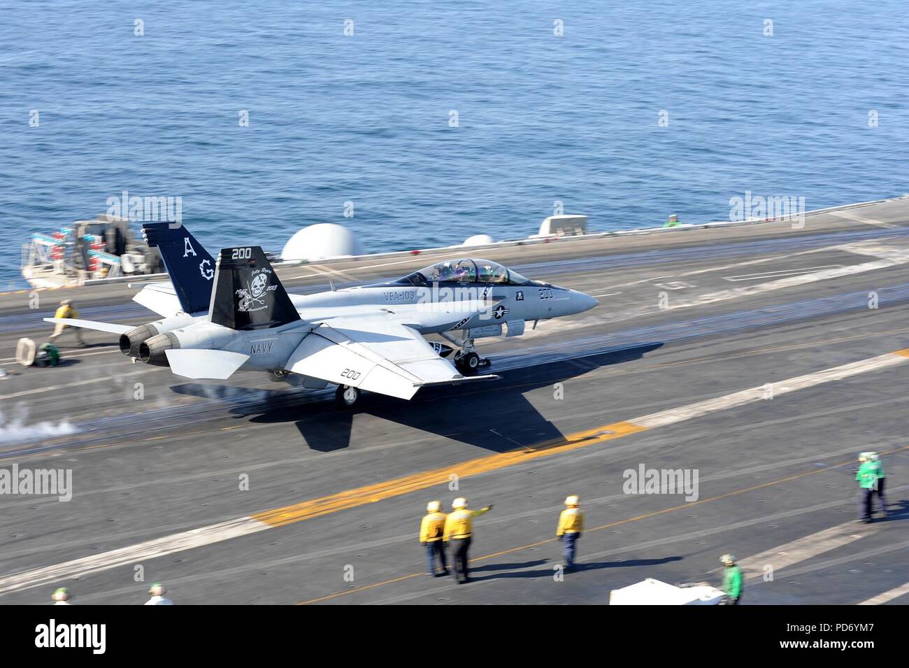 An F-A-18F launches from USS Dwight D. Eisenhower. (8591440817). Stock Photo
